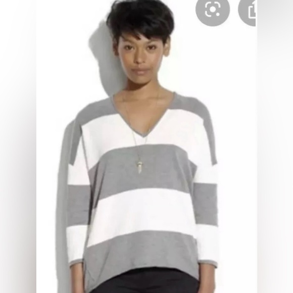 J.Crew WALLACE Winter Break Sweater Gray White Striped VNeck Knit Pullover Wool - Picture 1 of 8